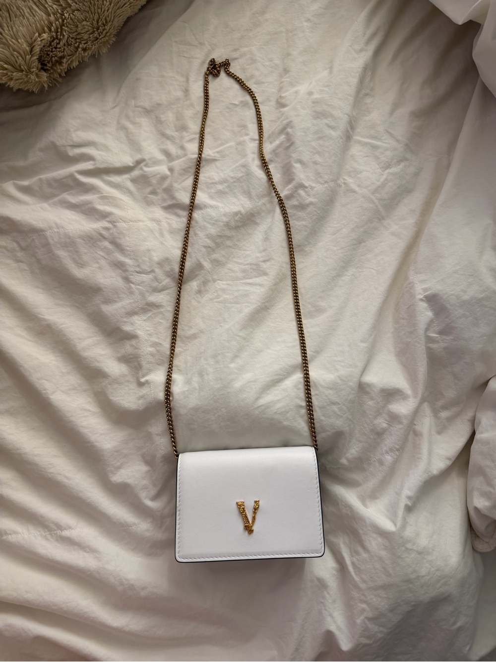 Versace White Leather Crossbody with Gold V Hardware